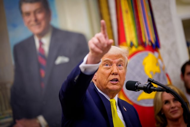 U.S. President Donald Trump speaks during a swearing in ceremony for Dr. Mehmet Oz as Medicare and Medicaid Services Administrator in the Oval Office at the White House on April 18, 2025 in Washington, DC.