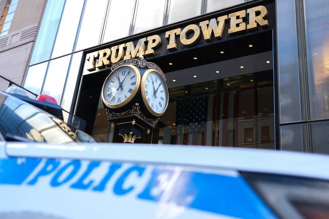 A New York City Police Department (NYPD) vehicle sits in front of Trump Tower on Fifth Avenue in New York City on November 12, 2024.