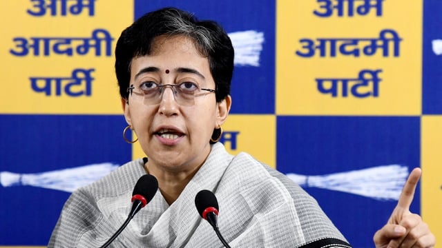 Delhi Assembly LoP and Aam Aadmi Party (AAP) leader Atishi addresses a press conference, at Party Office in New Delhi on Monday.