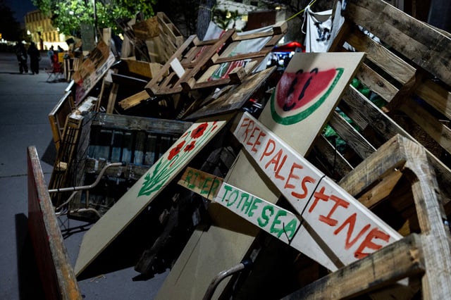 Pro-Palestinian students and activists protest at an encampment in the campus of California State University, Los Angeles, in Los Angeles, California, May 6, 2024. (Etienne Laurent / AFP via Getty Images)