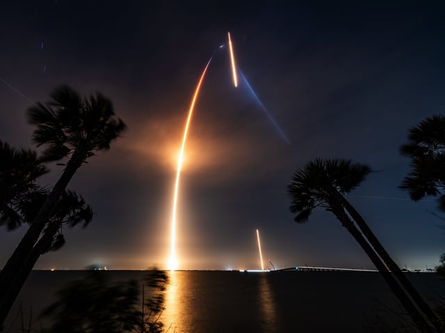 A timelapse of the Falcon 9 launch of the Bandwagon-3 mission followed by the landing of its booster.