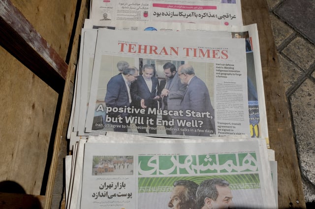 The frontpages of Iran&#39;s newspapers in a sidewalk newsstand in Tehran, Iran on April 13, 2025 show a widespread optimism in Iran towards the nuclear talks with the administration of US President Donald Trump, one day after the first leg of the talks were held in Oman.