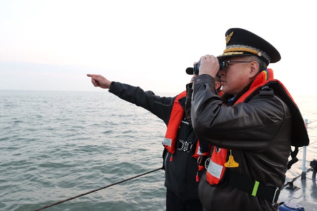 This January 1, 2024, photo shows South Korea&#39;s coast guard carrying out a safety management inspection.