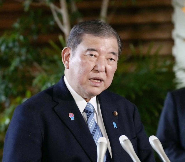 Japanese Prime Minister Shigeru Ishiba speaks to media about U.S. President Donald Trump's new tariffs in Tokyo, Japan April 3, 2025, in this photo taken by Kyodo. Mandatory credit Kyodo/via REUTERS ATTENTION EDITORS - THIS IMAGE HAS BEEN SUPPLIED BY A THIRD PARTY. MANDATORY CREDIT. JAPAN OUT. NO COMMERCIAL OR EDITORIAL SALES IN JAPAN./File Photo