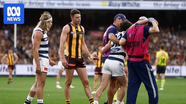 Gryan Miers is helped from the ground by Geelong medical staff as Hawthorn's Conor Nash watches