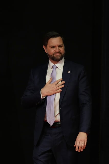 U.S. Vice President JD Vance arrives to speak at the Rajasthan International Center in Jaipur, India, Tuesday, April 22, 2025. (AP Photo/Manish Swarup)
