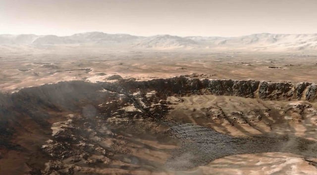 An artist's depiction of water rushing into Mars' Jezero Crater (Credit: NASA/JPL-Caltech)