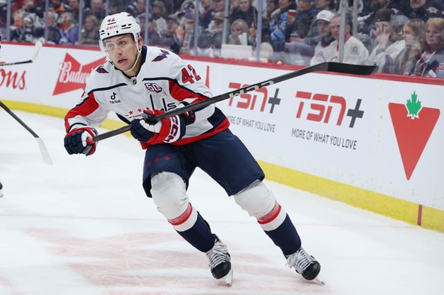 Mar 25, 2025; Winnipeg, Manitoba, CAN; Washington Capitals defenseman Martin Fehervary (42) skates up the ice against the Winnipeg Jets in the second period at Canada Life Centre. Mandatory Credit: James Carey Lauder-Imagn Images/ File Photo