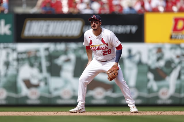 ST LOUIS, MISSOURI - APRIL 13: Nolan Arenado #28 of the St. Louis Cardinals in defensive position at third base in the ninth inning against the Philadelphia Phillies at Busch Stadium on April 13, 2025 in St Louis, Missouri.