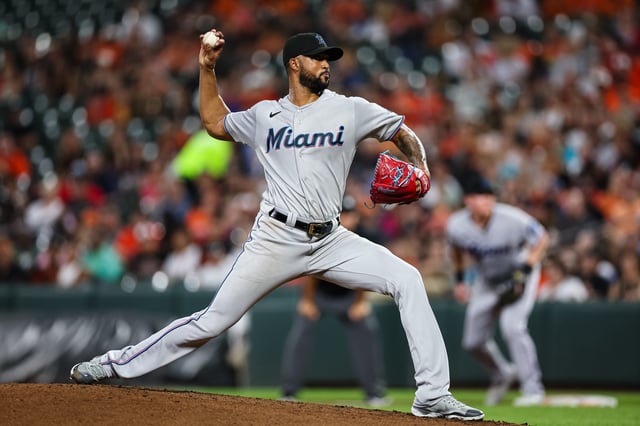 BALTIMORE, MD - JULY 14: Sandy Alcantara #22 of the Miami Marlins pitches against the Baltimore Orioles during the second inning at Oriole Park at Camden Yards on July 14, 2023 in Baltimore, Maryland.