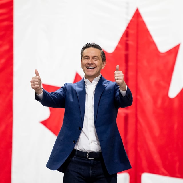 Conservative Party Leader Pierre Poilievre gestures after speaking during a federal election campaign stop in Montréal-Est, Que., Friday, April 18, 2025. THE CANADIAN PRESS/Christopher Katsarov