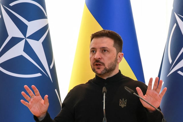 Ukraine's President Volodymyr Zelenskiy speaks during a joint press conference with NATO Secretary General Mark Rutte, amid Russia's attack on Ukraine, in Odesa, Ukraine April 15, 2025. REUTERS/Nina Liashonok/File Photo