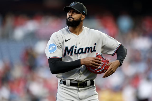 PHILADELPHIA, PENNSYLVANIA - APRIL 10: Sandy Alcantara #22 of the Miami Marlins looks on during the first inning against the Philadelphia Phillies at Citizens Bank Park on April 10, 2023 in Philadelphia, Pennsylvania.