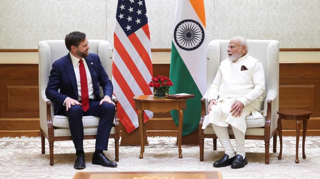 U.S. Vice President JD Vance speaks with Indian Prime Minister Narendra Modi during a meeting in New Delhi, India, April 21, 2025 (Indian Prime Minister’s Office via AP).