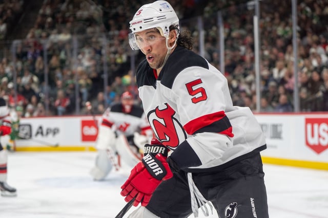 Mar 29, 2025; Saint Paul, Minnesota, USA; New Jersey Devils defenseman Brenden Dillon (5) in action against the Minnesota Wild in the second period at Xcel Energy Center. Mandatory Credit: Matt Blewett-Imagn Images/File Photo