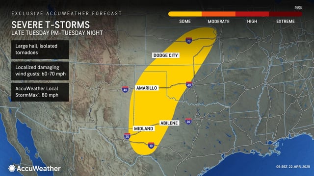 A portion of the U.S. from Texas north through Kansas is at a risk for severe thunderstorms on Tuesday.