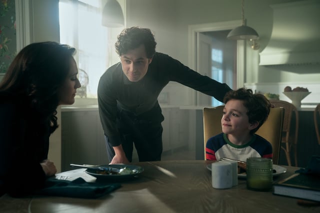 Charlotte Ritchie, left, as Kate Lockwood, Penn Badgley as Joe Goldberg and Frankie Demaio as Henry Goldberg in "You."
