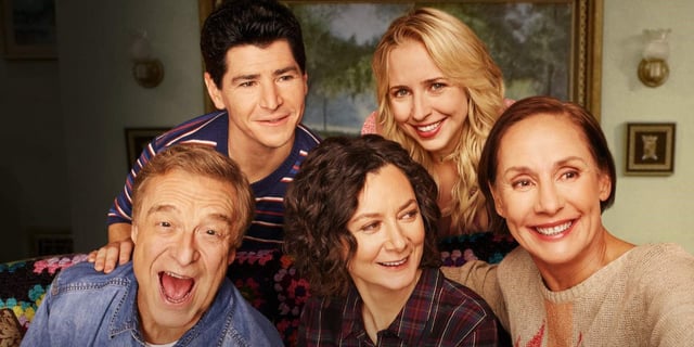 John Goodman, Sara Gilbert, Laurie Metcalf, Lecy Goranson, and Michael Fishman in The Conners Season 1 promo art.