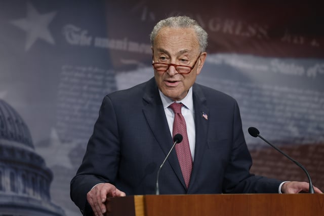 Senate Minority Leader Chuck Schumer speaks to reporters at a press conference at the U.S. Capitol building on April 17,2 023 in Washington, D.C.