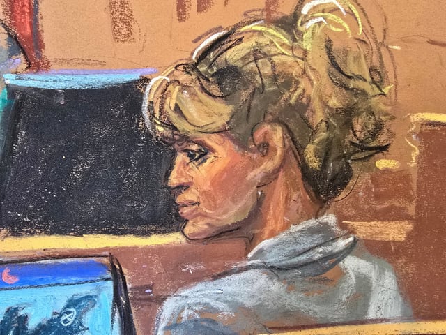 Sarah Palin listens as Ross Douthat (not seen) testifies during Palin's retrial lawsuit accusing the New York Times of defaming the former Alaska governor and Republican U.S. vice presidential candidate in an editorial, at Manhattan federal court in New York City, U.S., April 21, 2025 in a courtroom sketch. REUTERS/Jane Rosenberg