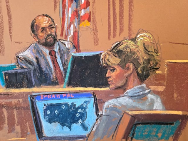 Sarah Palin listens as Ross Douthat testifies during Palin's retrial lawsuit accusing the New York Times of defaming the former Alaska governor and Republican U.S. vice presidential candidate in an editorial, at Manhattan federal court in New York City, U.S., April 21, 2025 in a courtroom sketch. REUTERS/Jane Rosenberg     TPX IMAGES OF THE DAY