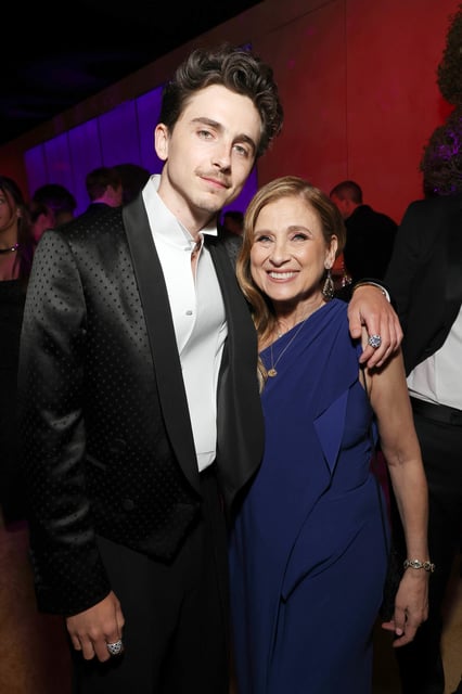 Timothée Chalamet and Nicole Flender attend the 2025 Vanity Fair Oscar Party on March 2, 2025 in Beverly Hills, California.