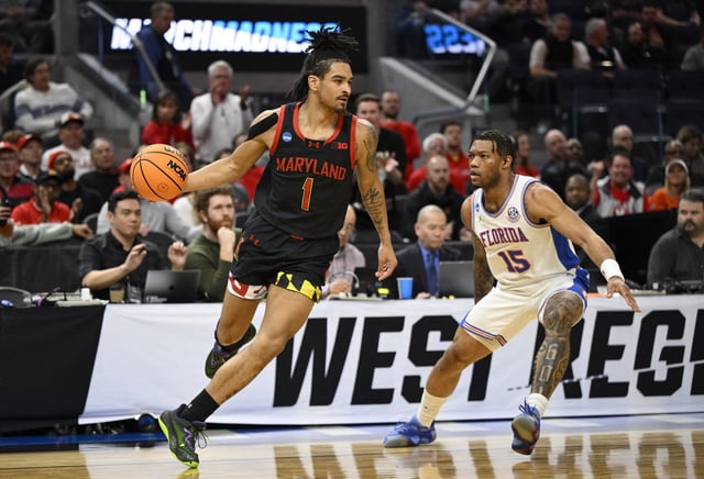Mar 27, 2025; San Francisco, CA, USA; Maryland Terrapins guard Rodney Rice (1) drives to the hoop past Florida Gators guard Alijah Martin (15) during the first half during a West Regional semifinal of the 2025 NCAA tournament at Chase Center. Mandatory Credit: Eakin Howard-Imagn Images/File Photo