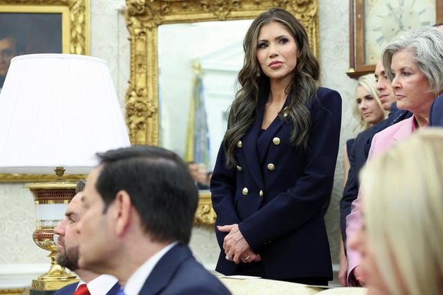 Department of Homeland Security Secretary Kristi Noem listens during a meeting between President Donald Trump and El Salvador President Nayib Bukele in the Oval Office at the White House in Washington, DC, on April 14.