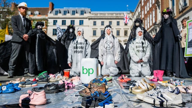 A protest over BP’s green strategy U-turn outside the oil company’s London HQ in early April
