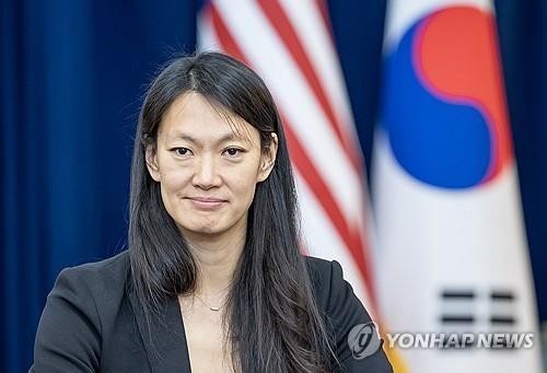 This file photo, taken Oct. 18, 2023, shows U.S. Special Envoy for North Korean Human Rights Issues Julie Turner attending a press meeting in Seoul. (Pool photo) (Yonhap)