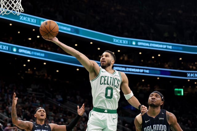 Jayson Tatum #0 of the Boston Celtics shoots a layup in Game One of the Eastern Conference First Round NBA Playoffs against the Orlando Magic at TD Garden on April 20, 2025 in Boston, Massachusetts.