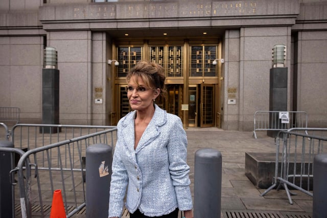Former Alaska Gov. Sarah Palin leaves Manhattan federal court, after testifying in her defamation trial against the New York Times on Monday, April 21.
