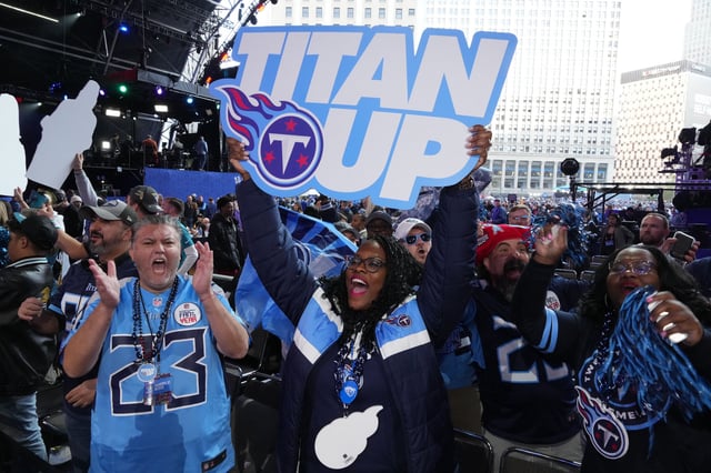 Apr 25, 2024; Detroit, MI, USA; Tennessee Titans fans cheer during the 2024 NFL Draft at Campus Martius Park and Hart Plaza. Mandatory Credit: Kirby Lee-USA TODAY Sports/File Photo