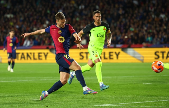 Soccer Football - LaLiga - FC Barcelona v RCD Mallorca - Estadi Olimpic Lluis Companys, Barcelona, Spain - April 22, 2025 FC Barcelona's Dani Olmo shoots at goal REUTERS/Albert Gea