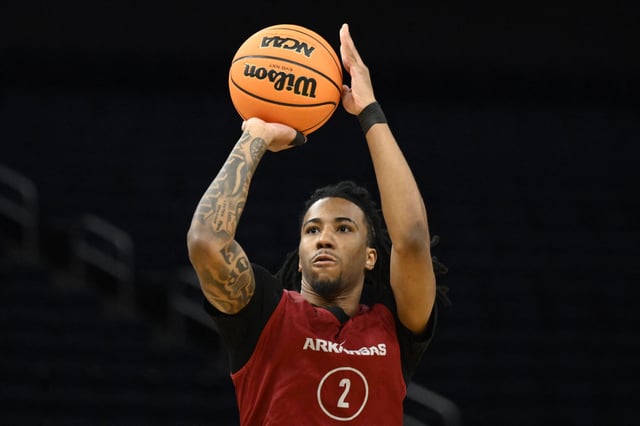Mar 26, 2025; San Francisco, CA, USA; Arkansas Razorbacks guard Boogie Fland (2) shoots the basketball during NCAA Tournament West Regional Practice at Chase Center. Mandatory Credit: Eakin Howard-Imagn Images/File Photo
