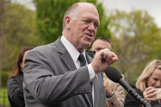 White House border czar Tom Homan talks with reporters at the White House, Tuesday, April 15, 2025, in Washington. (AP Photo/Alex Brandon)