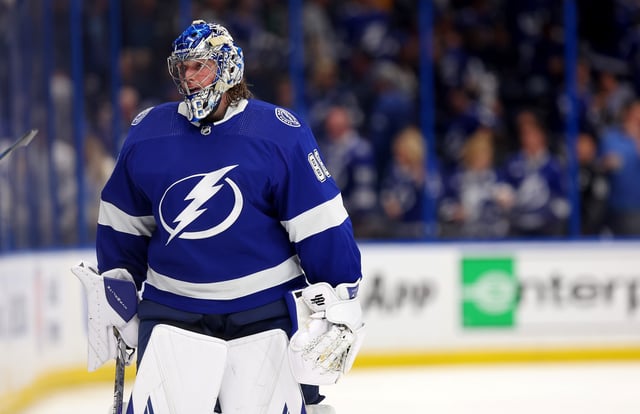 Andrei Vasilevskiy #88 of the Tampa Bay Lightning skates off after losing Game Four of the First Round of the 2023 Stanley Cup Playoffs in overtime against the Toronto Maple Leafs at Amalie Arena on April 24, 2023 in Tampa, Florida.