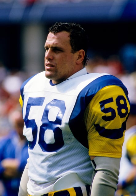 Los Angeles Rams linebacker Mel Owens is seen playing against the St. Louis Cardinals at Busch Stadium on Sept. 7, 1986.