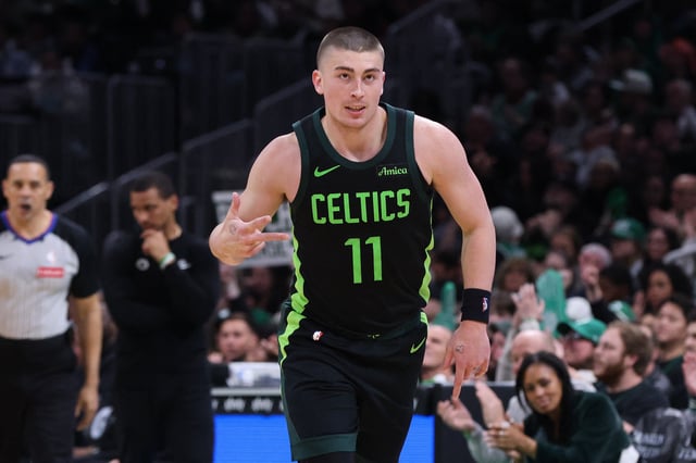Apr 13, 2025; Boston, Massachusetts, USA; Boston Celtics guard Payton Pritchard (11) reacts after making a there pointer during the second half against the Charlotte Hornets at TD Garden. Mandatory Credit: Paul Rutherford-Imagn Images/File Photo