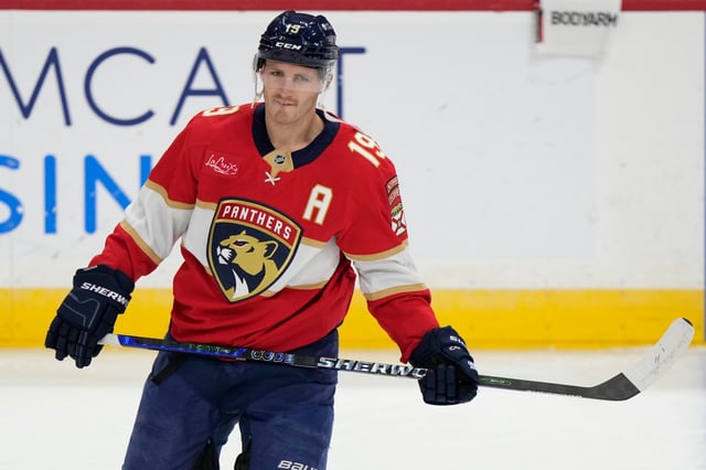 Florida Panthers left wing Matthew Tkachuk warms up before the start of a game against the Minnesota Wild on Oct. 22, 2024, in Sunrise. (AP Photo/Wilfredo Lee)