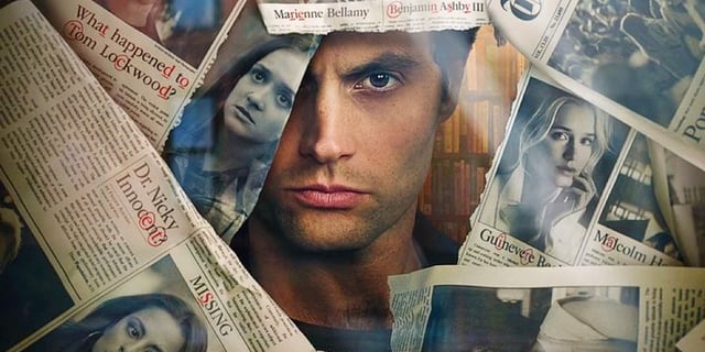 The promo poster for You Season 5: Joe Goldberg peeking out through a bunch of newspapers with people he's killed on them