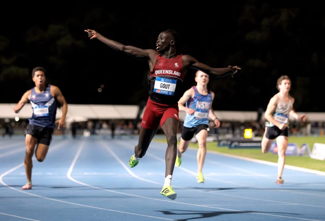 Athletics - Australian Athletics Championships - Western Australian Athletics Stadium, Perth, Australia - April 10, 2025 Gout Gout celebrates winning the Under 20's Men’s 100m final Richard Wainwright/AAP Image via REUTERS     ATTENTION EDITORS - THIS IMAGE WAS PROVIDED BY A THIRD PARTY. NO RESALES. NO ARCHIVES. AUSTRALIA OUT. NEW ZEALAND OUT