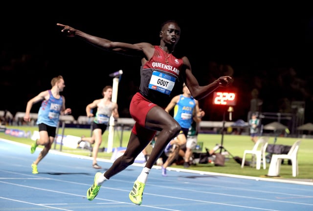 Athletics - Australian Athletics Championships - Western Australian Athletics Stadium, Perth, Australia - April 10, 2025 Gout Gout celebrates winning the Under 20's Men’s 100m final Richard Wainwright/AAP Image via REUTERS     ATTENTION EDITORS - THIS IMAGE WAS PROVIDED BY A THIRD PARTY. NO RESALES. NO ARCHIVES. AUSTRALIA OUT. NEW ZEALAND OUT