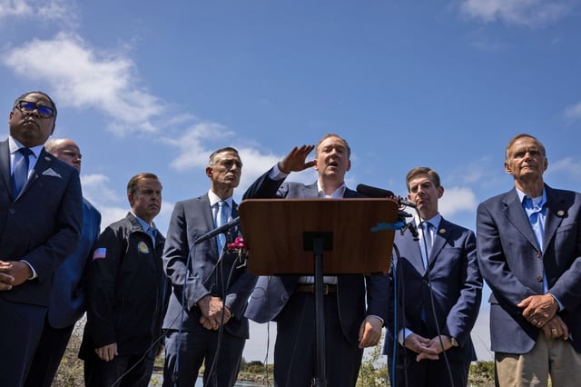 EPA Administrator Lee Zeldin and other local and federal elected officials speak during a press conference about the ongoing Tijuana River sewage crisis on Tuesday, April 22, 2025 in San Diego, California.   (Ana Ramirez / The San Diego Union-Tribune)