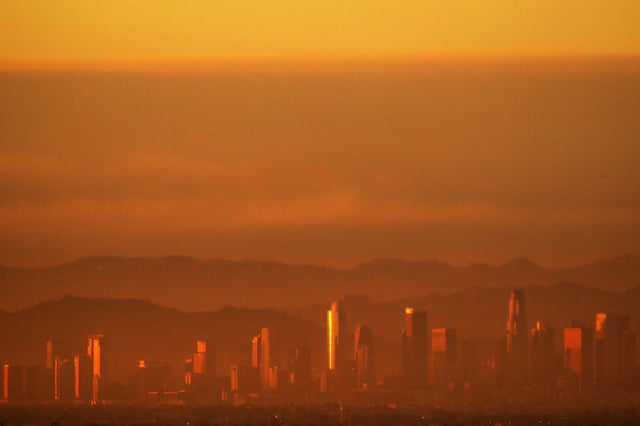Los Angeles skyline shimmers in the smog in 2022.