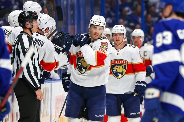 Matthew Tkachuk celebrates his goal against the Tampa Bay Lightning in the Florida Panthers&#39; 6-2 win Monday night in Tampa.  (Photo by Mike Carlson/Getty Images)