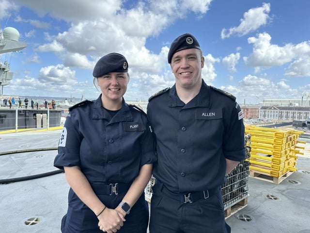 Molly Plant and William Allen as they prepare to set sail on HMS Prince of Wales (Photo: Molly Blackall/The i Paper)
