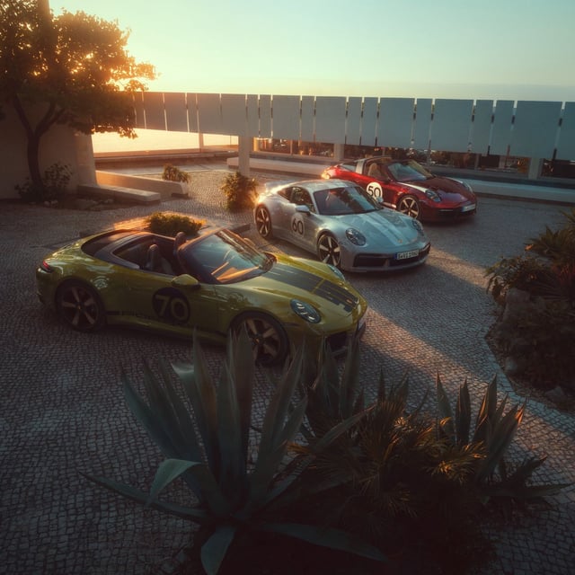 Porsche 911 Spirit 70 shown alongside the two earlier Heritage Design cars