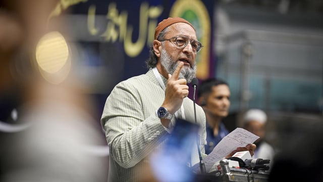AIMIM chief Asaduddin Owaisi speaks during an event on Tuesday, April 22