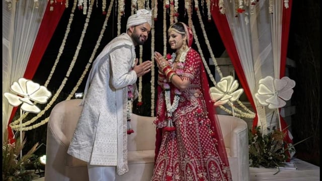 Lieutenant Vinay Narwal and Himanshi at their destination wedding in Mussoorie on April 16. The couple left for their honeymoon in Jammu and Kashmir on April 21. (HT file photo)